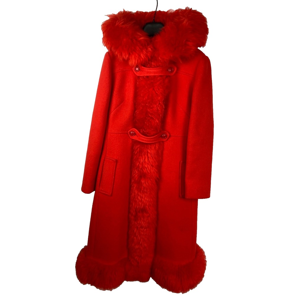 Vtg 70s Red Hooded Penny Lane Coat Faux Fur Trim Long Toggle Maxi Princess Small